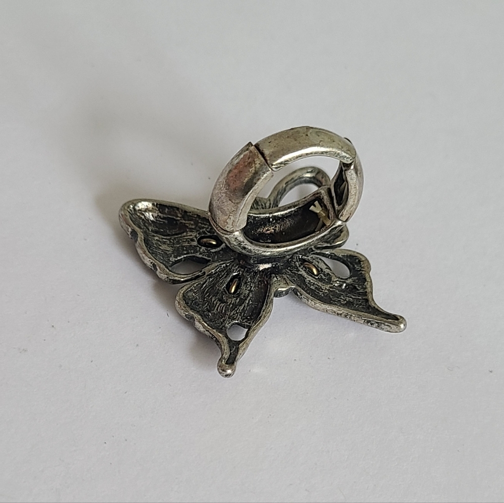 Vintage Dark Silver Tone Pewter Boho Chunky Openwork Rhinestone Butterfly Ring - Picture 6 of 15